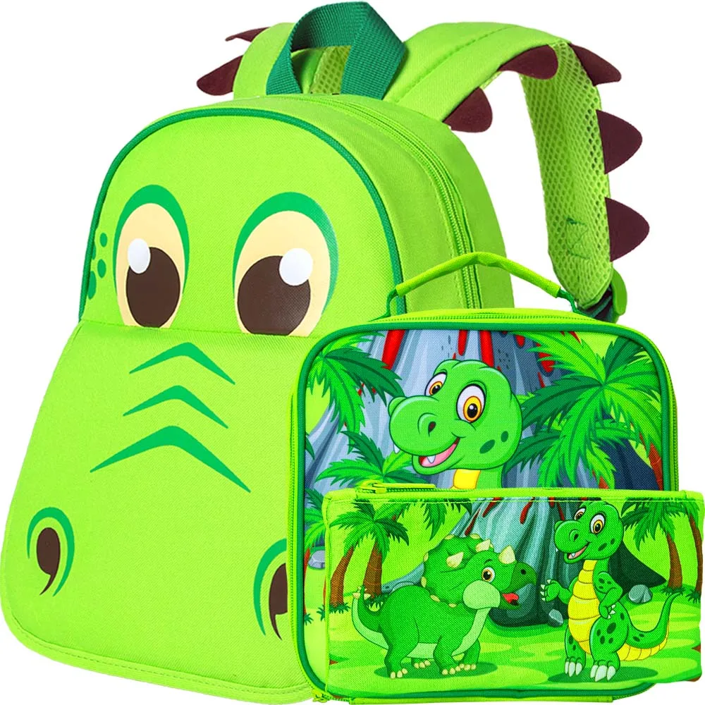 

3PCS Toddler Backpack and Lunch Box for Boys, 12" Dinosaur Preschool Kids Bookbag, Cute Animal Kindergarten Schoolbag