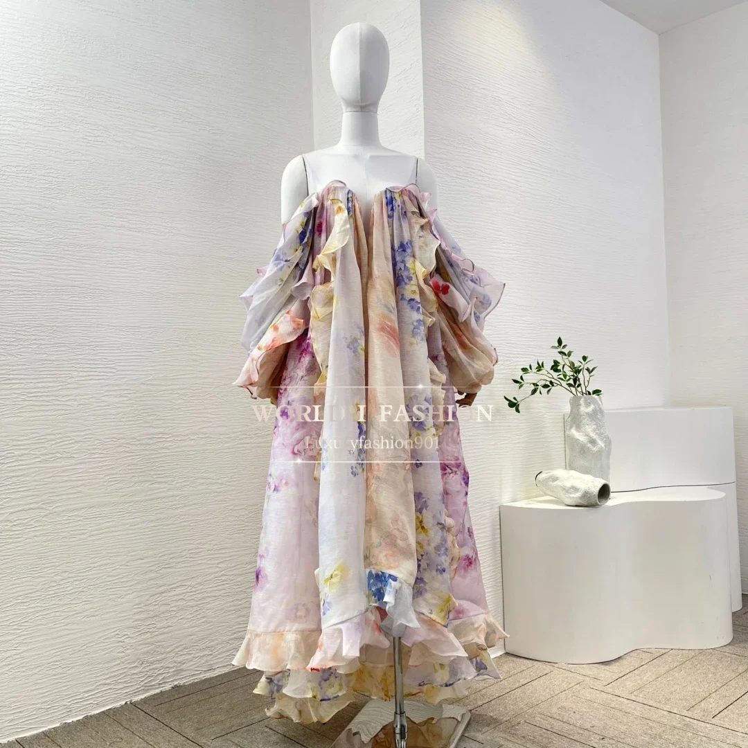 

2025 High Quality Multi Color Floral Print Off The Shoulder Long Sleeve Ruffles Tube Maxi Dress