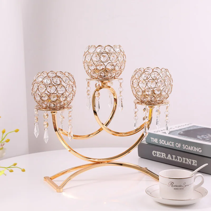 

European Style Crystal Candle Holder with Three Heads Candlelight Dinner Wedding Furniture Candlestick Ornaments Decoration