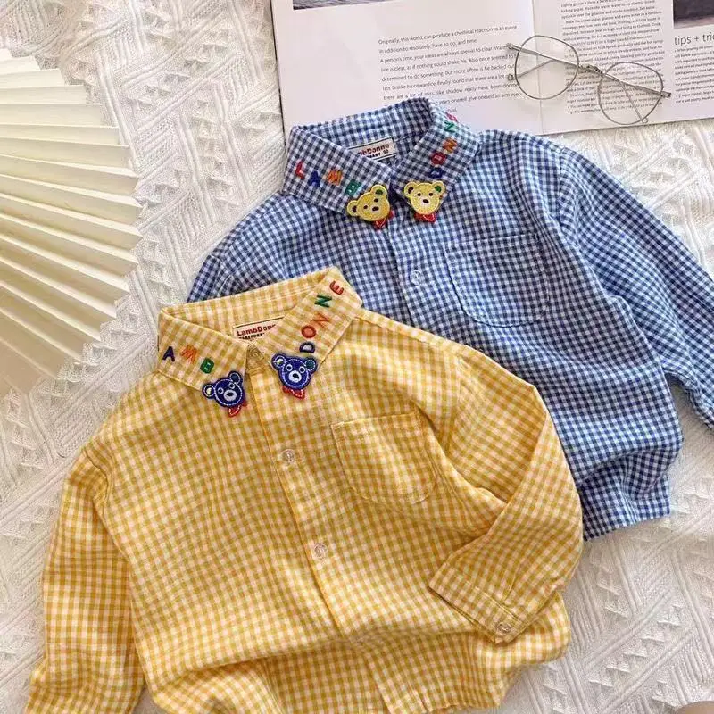 

Children's Long Sleeved Shirt Boys' Cartoon Checkered Shirt Versatile Top for Boys and Girls Pure Cotton Shirt 80-130CM