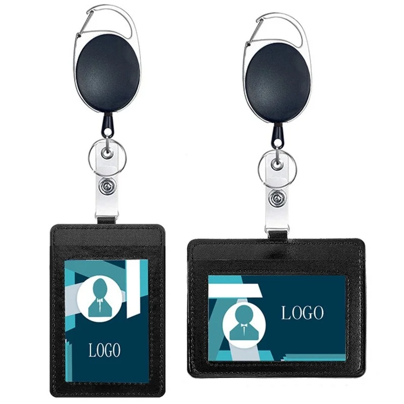 PU Leather Badge Holder Working Permit Case Bus Pass Credential Work Card Holder Sleeve Cover with Retractable Badge Reel Clips