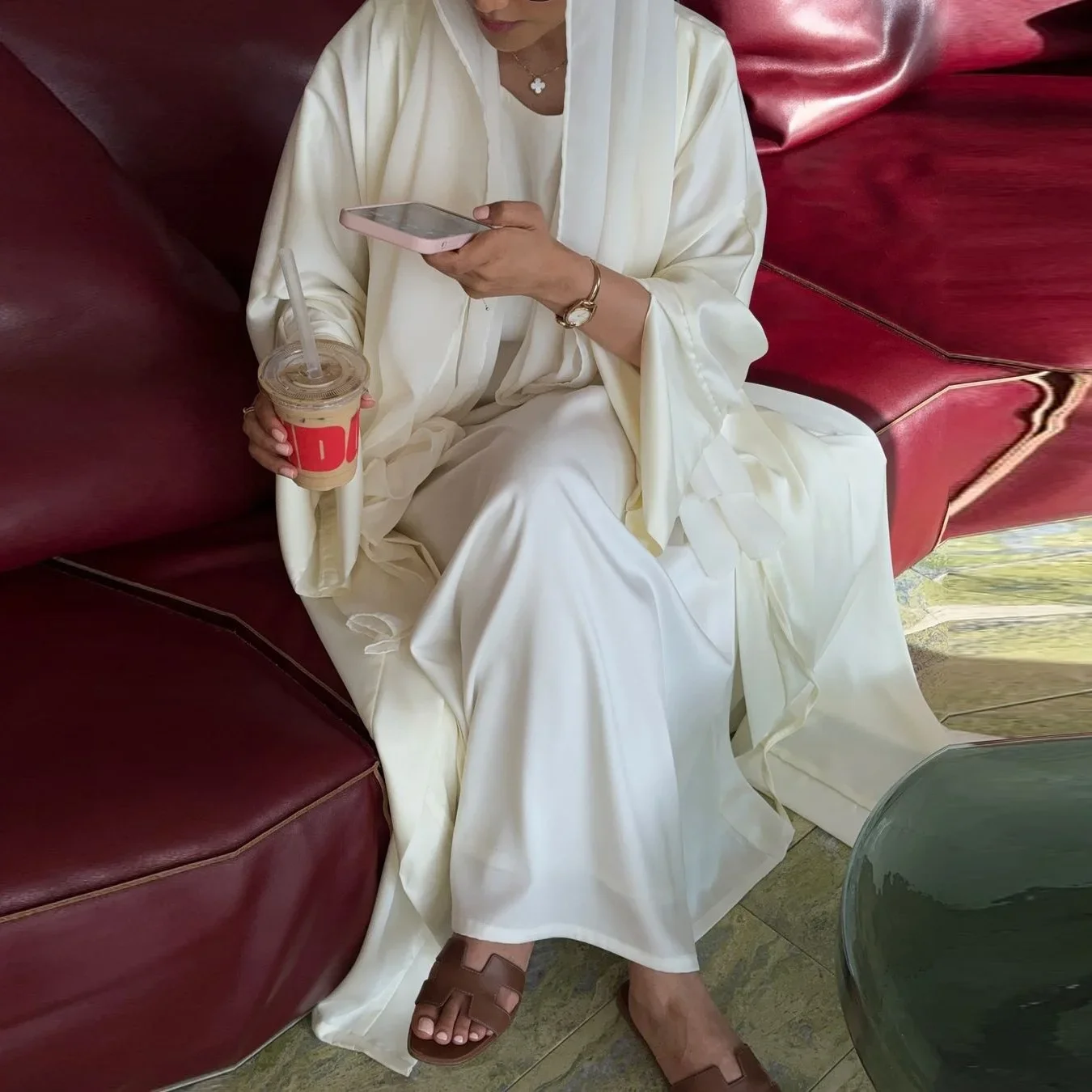 

Muslim Robe Fashion Satin Soft Muslim Women Solid Color Middle East Dress Open Placket Robe Abaya