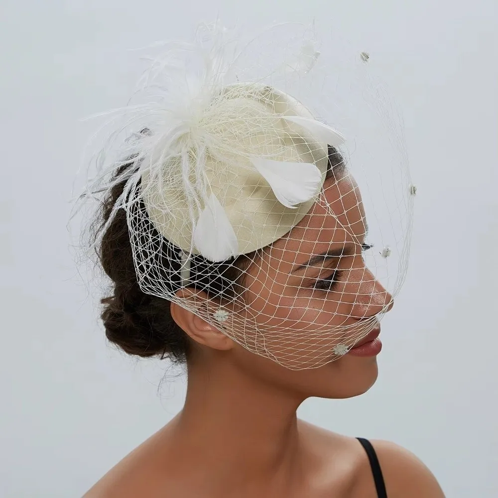 New Elegant Felt Fascinator Hat Fishnet Veil Small Wave Point Decor Wedding Veil Hat Pillbox Hats Bride Headwear