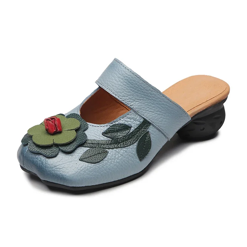 BEYARNE Flower Slippers Genuine Leather Shoes Handmade Slides Flip Flop On The Platform Clogs For Women Woman SlippersPlus Size