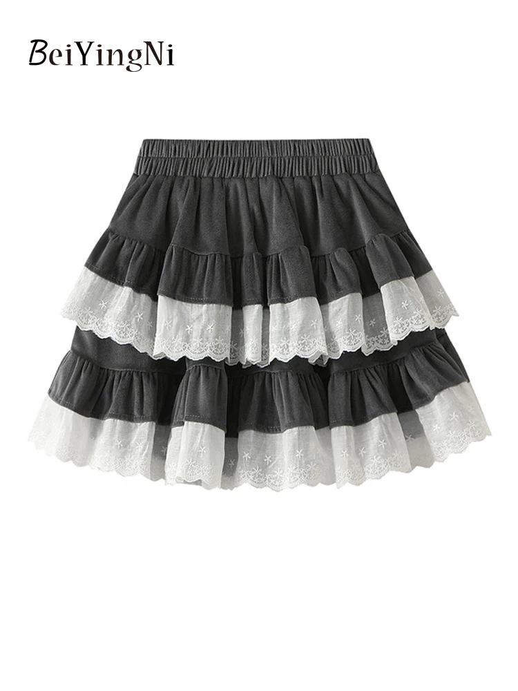 Beiyingni Autumn Winter Y2K Sexy Velvet Mini Skirts Girls Lace Patchwork Women's Tiered Tutu Short Skirt Dance Ballet Korean