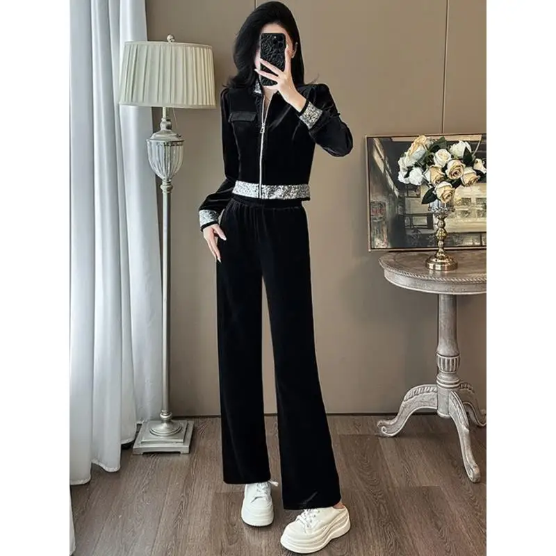 

Black Street Style Casual Sportswear Set Women Winter 2026 New Fashionable Sweatshirt Jacket Wide Leg Pants Two Piece Set