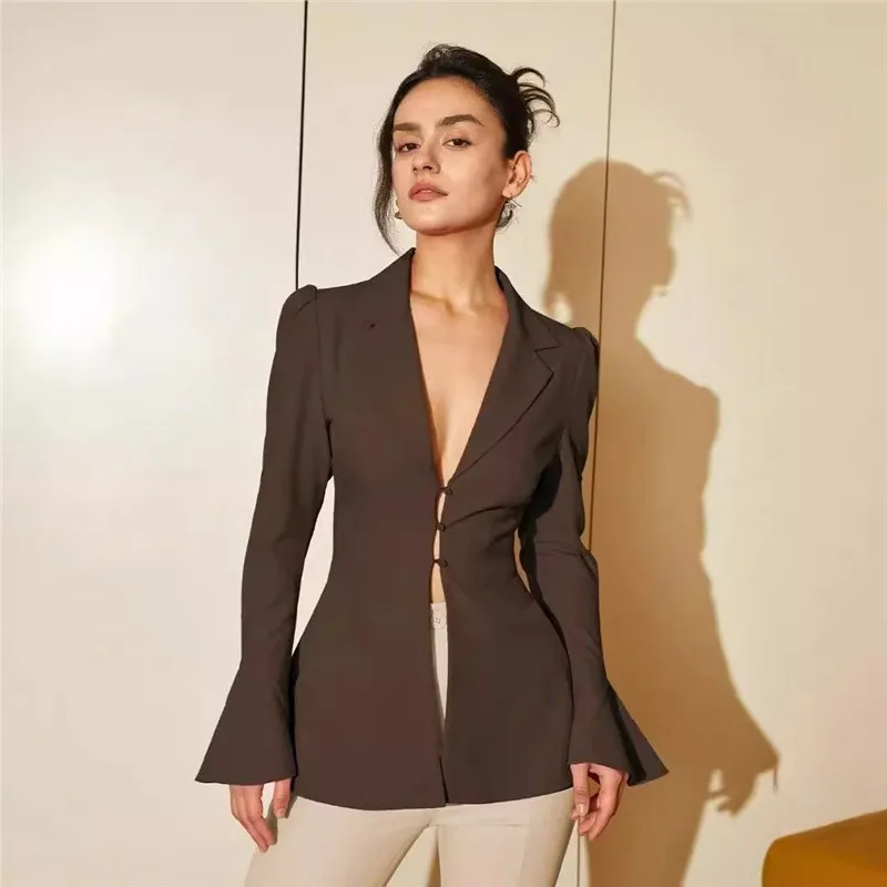 Fitted Cut Button Detail Suit with Notched Lapel Single Breasted Flared Sleeve Waist Cinched Elegant Commuter Women Suit