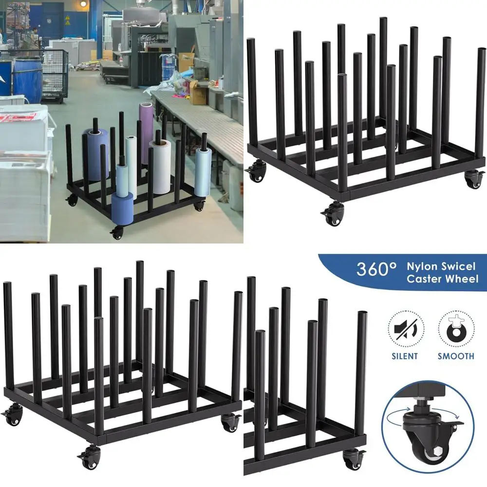 

Прочная тележка для хранения виниловых материалов на 16 рулонов с круглым сердечником диаметром 2 дюйма, черная, 28Д x 28Ш x 21В дюймов