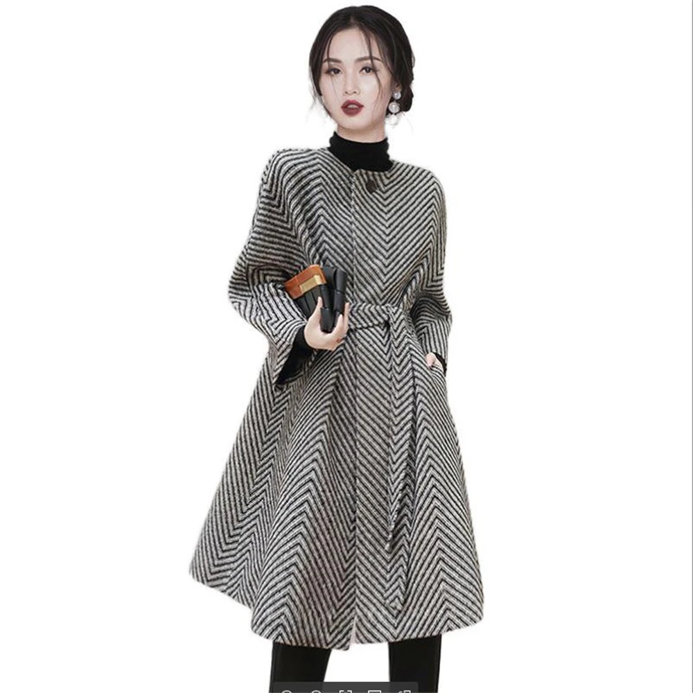 

Female 30% Woolen Long Coat Stripe Cloak Cape Woolen Loose Outerwear Fashion Overcoat Belt Grace Tops Winter Clothing