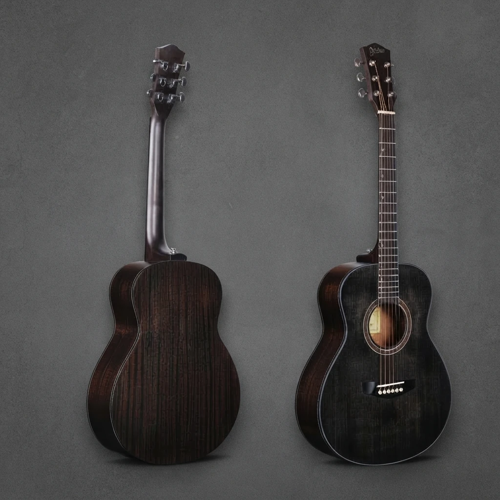6 String Matte Dark Guitar, Cutaway Acoustic, White Edge Binding, Chrome Tuners, Dot Inlay, Slim Neck, White Pins for Practice