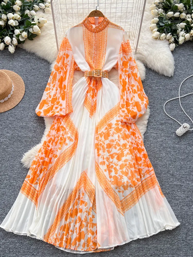 Ele imprimé longue Dr femmes taille haute lanterne Sve noeud taille conception coréenne Sle trajet a-ligne jupe