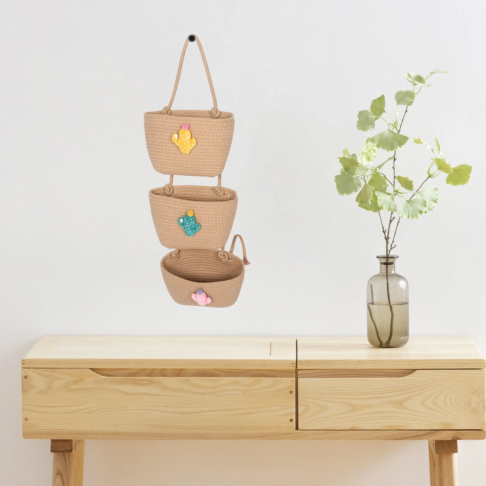 

3-Tier Woven Cotton Hanging Basket Organizer Over Door Wall Mounted Storage Boho Basket Decor Bathroom Kitchen Nursery Storage