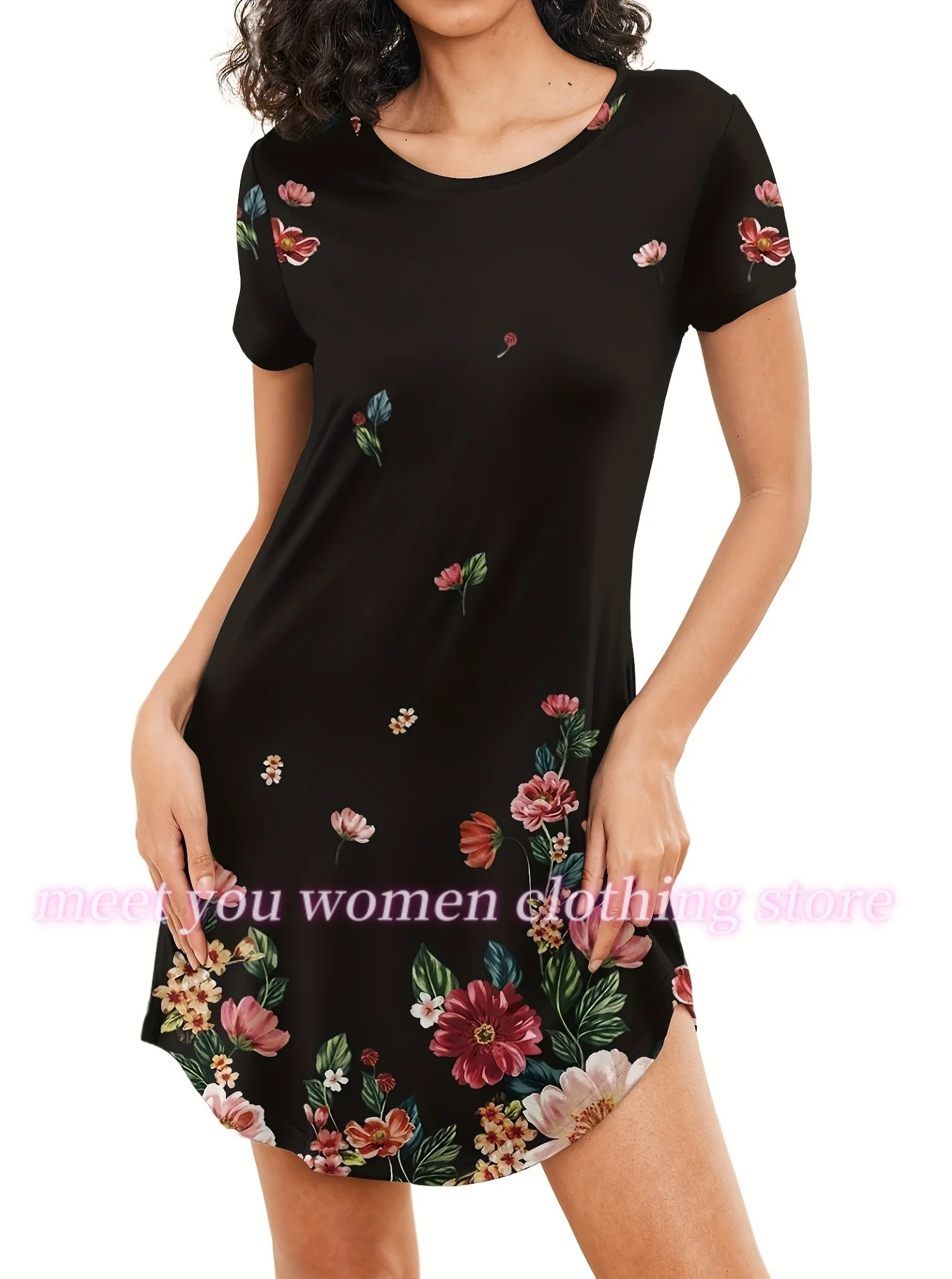 فستان نسائي صيفي جديد بيجامة فضفاضة سوداء غير رسمية مطبوعة برقبة دائرية للسيدات بأكمام قصيرة فساتين بلوفر ملابس نسائية