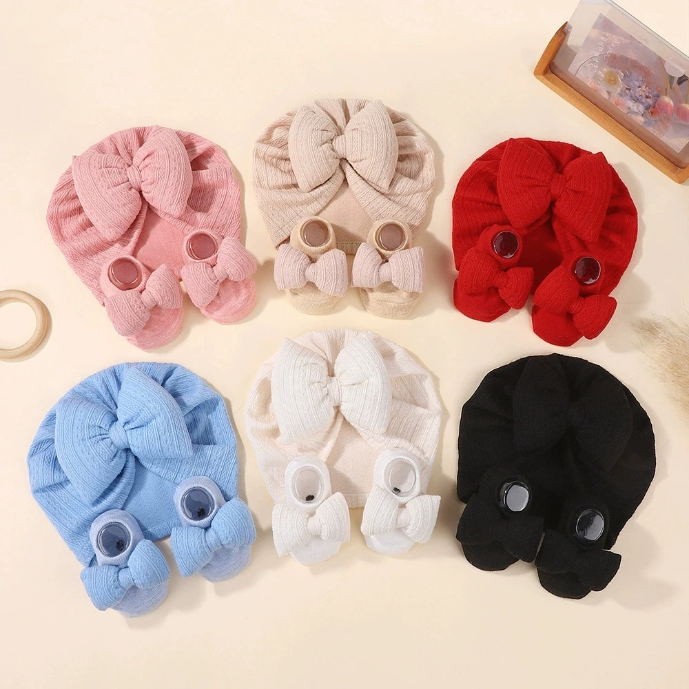 2pcs Lovely Bowknot Knitted Baby Hat Sock Set Cute Baby Girls Turban Hat Soft Newborn Infant Cap Accessories Beanies Head Wraps