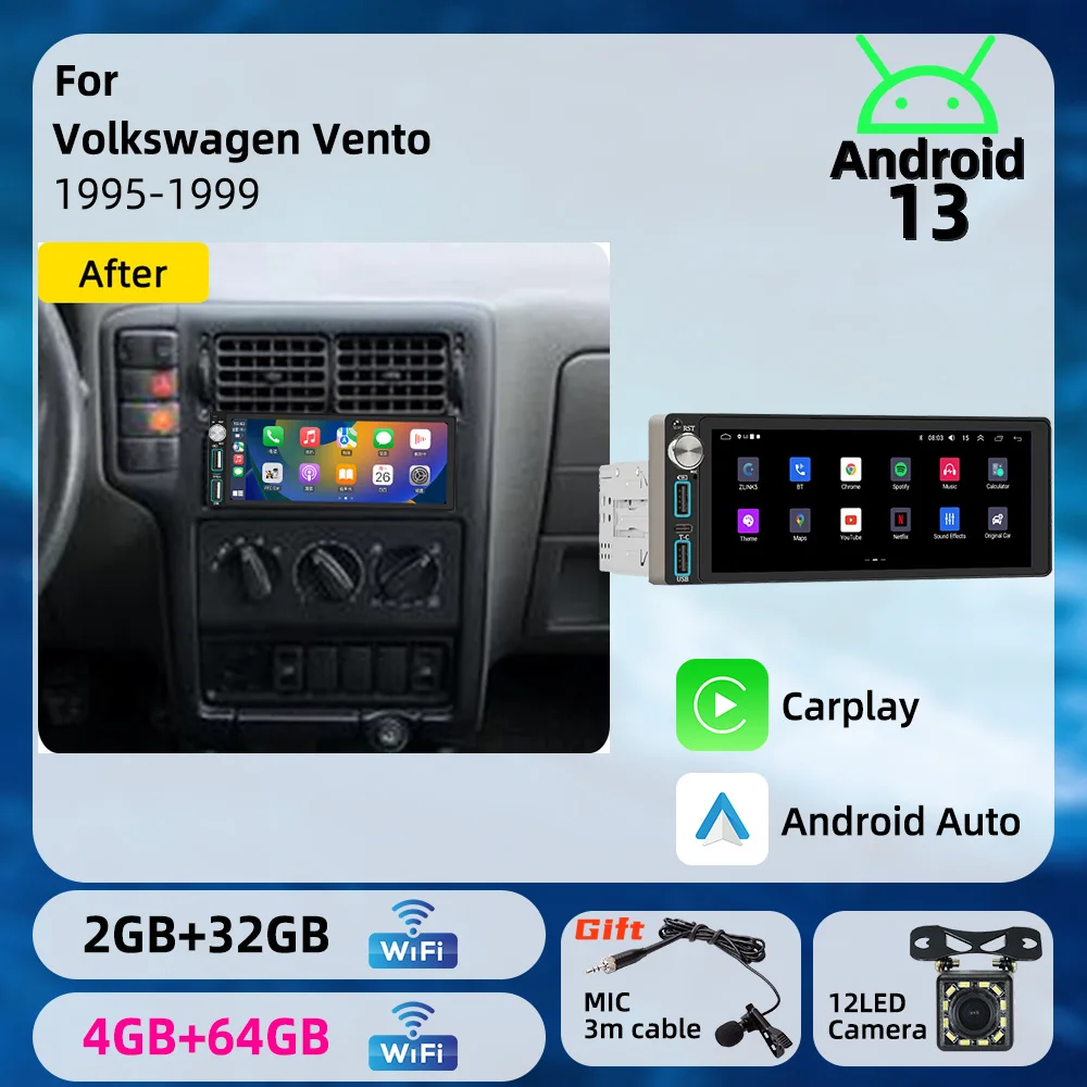 6.86 inch Android 1Din Car Screen Car Multimedia Autoradio Radio Head Unit Stereo for VW Volkswagen Vento 1995-1999 Carplay GPS