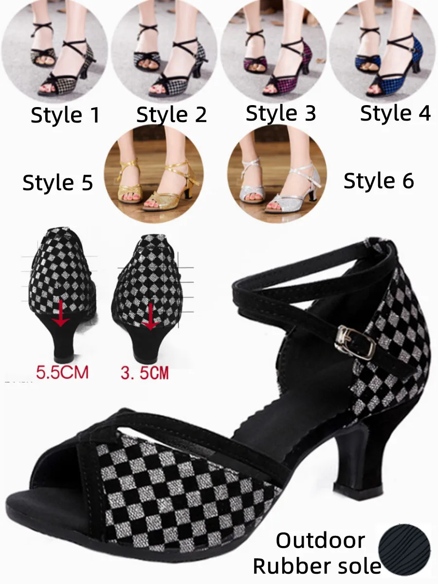 

New Outdoor Latin Dance Shoes for Women/Girls/Ladies Plaid Ballroom Tango Salsa Dancing Sandals Low Heel 3.5CM/5.5CM