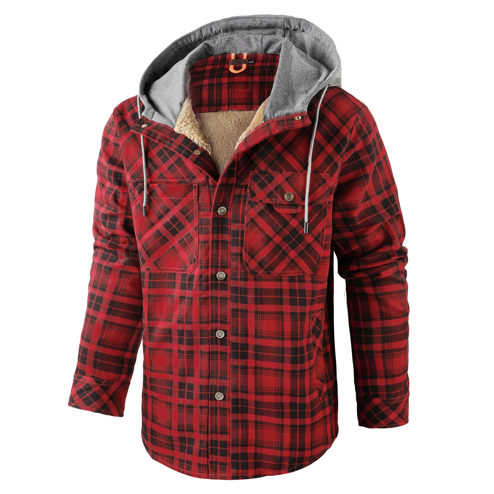 

2025 Winter Men's Jacket High-quality Wool Thicken Warm Casual Loose Coat Male Plaid Long-sleeved Hooded Shirts 2XL Men Clothing
