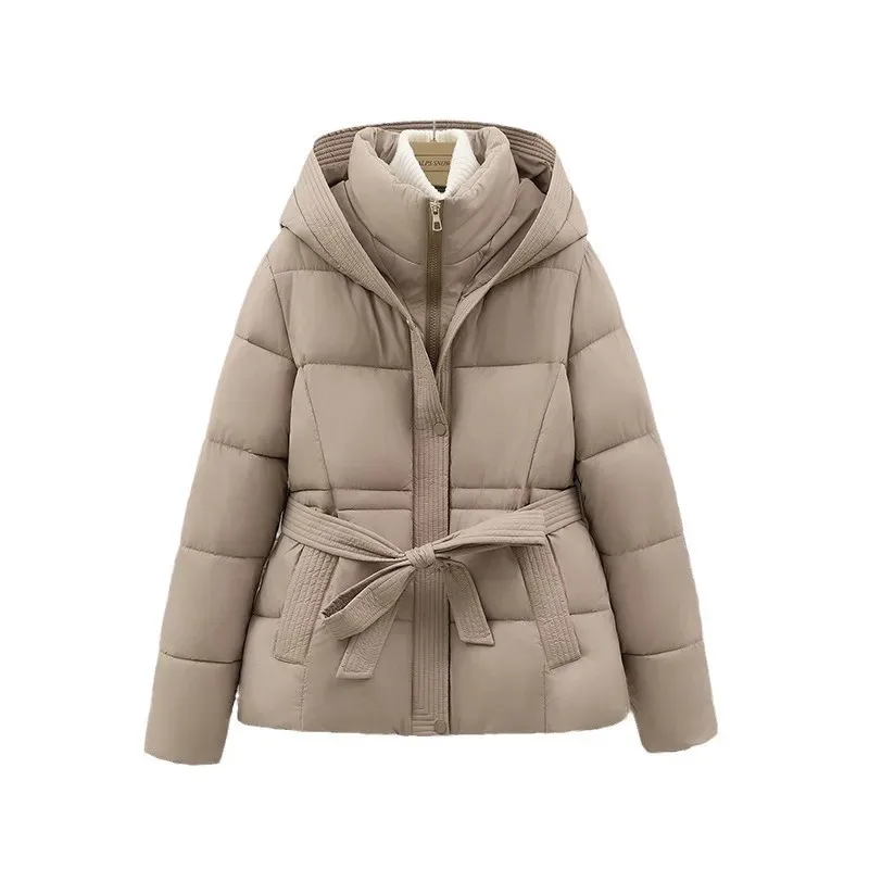 High-End Down Padded Jacket Women Winter New Fashion Lace-Up Waist Hooded Bread Cotton Coat Female Casual Slim Outerwear B617