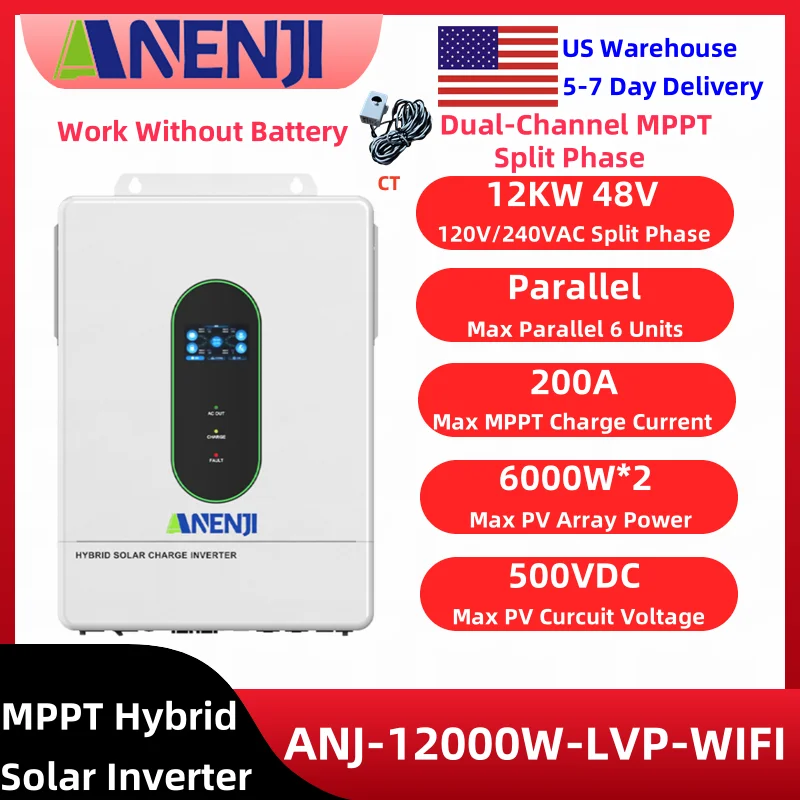 

Гибридный солнечный инвертор ANENJI 120В/110В 12кВт с расщепленной фазой, параллельным подключением, двойным MPPT, двойным выходом, встроенным контроллером заряда MPPT 200А