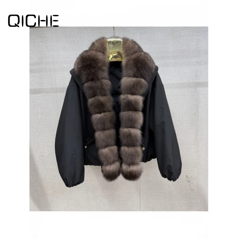 QICHE 2026 Women Korean Down Jacket, Slim Fit Large Faux Fox Fur Collar Thick Warm Winter Puffer Coat