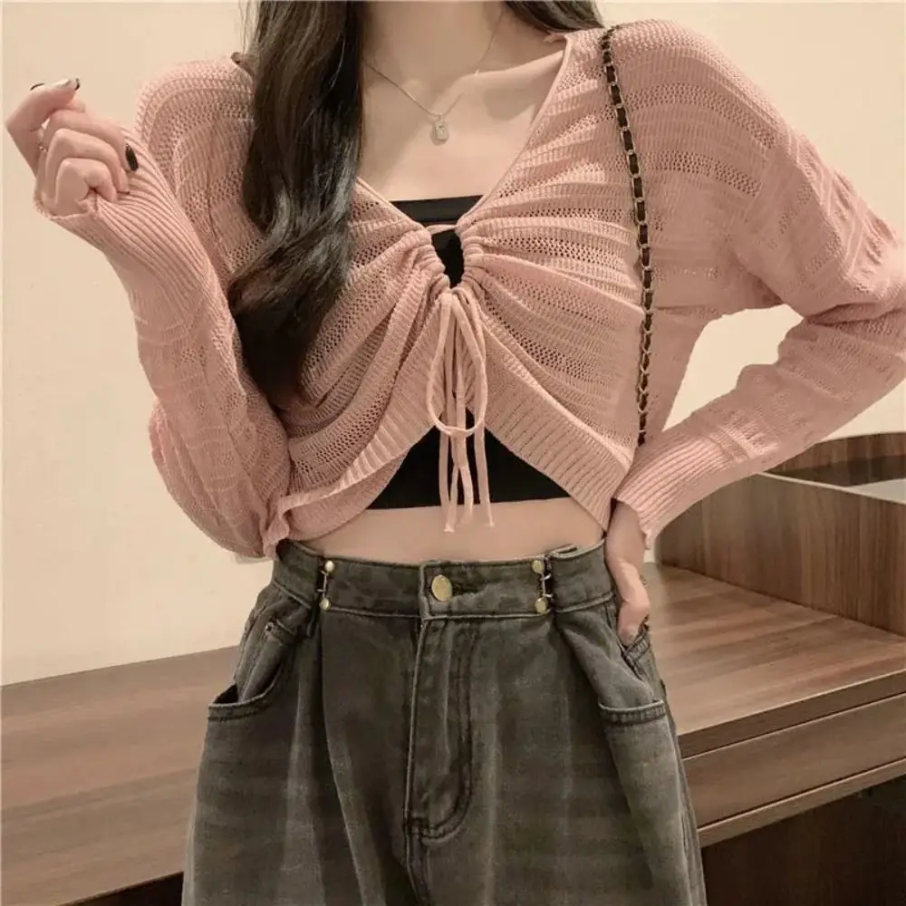 Simple Solid Color Sunscreen Crop Knit Cardigan Polyester Long Sleeve Air-Conditioning Shirt Thin Cardigan Coat Women