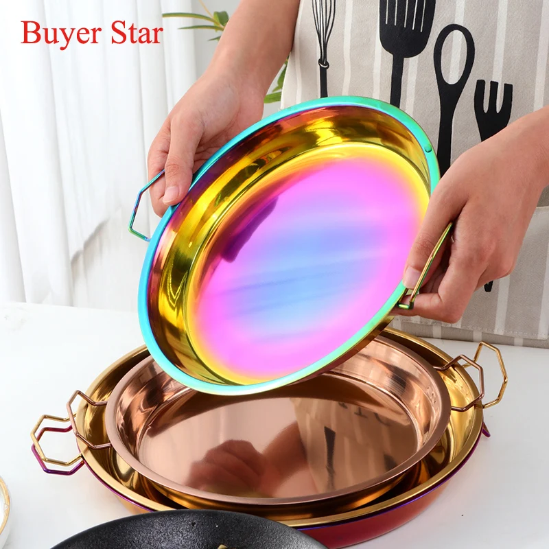 Round Stainless steel pan cakPizza Baking tray with handle Noodle food serving pot tableware cookware Gold Metal kitchen tools