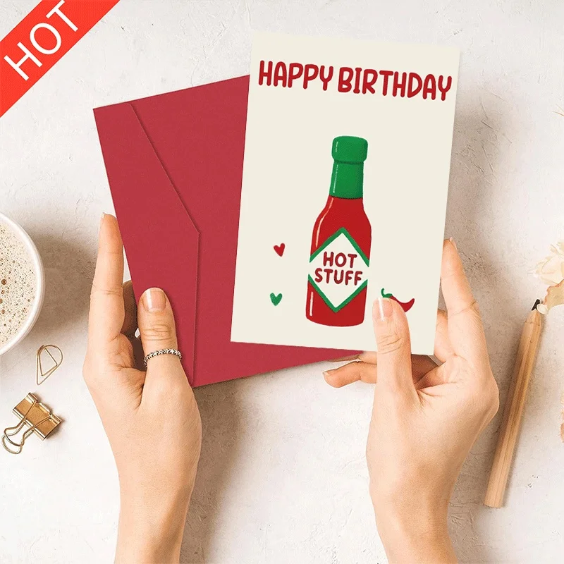

Happy Birthday Greeting Card, Hot Stuff Chili Sauce Themed Birthday Card for Friends Loved Ones