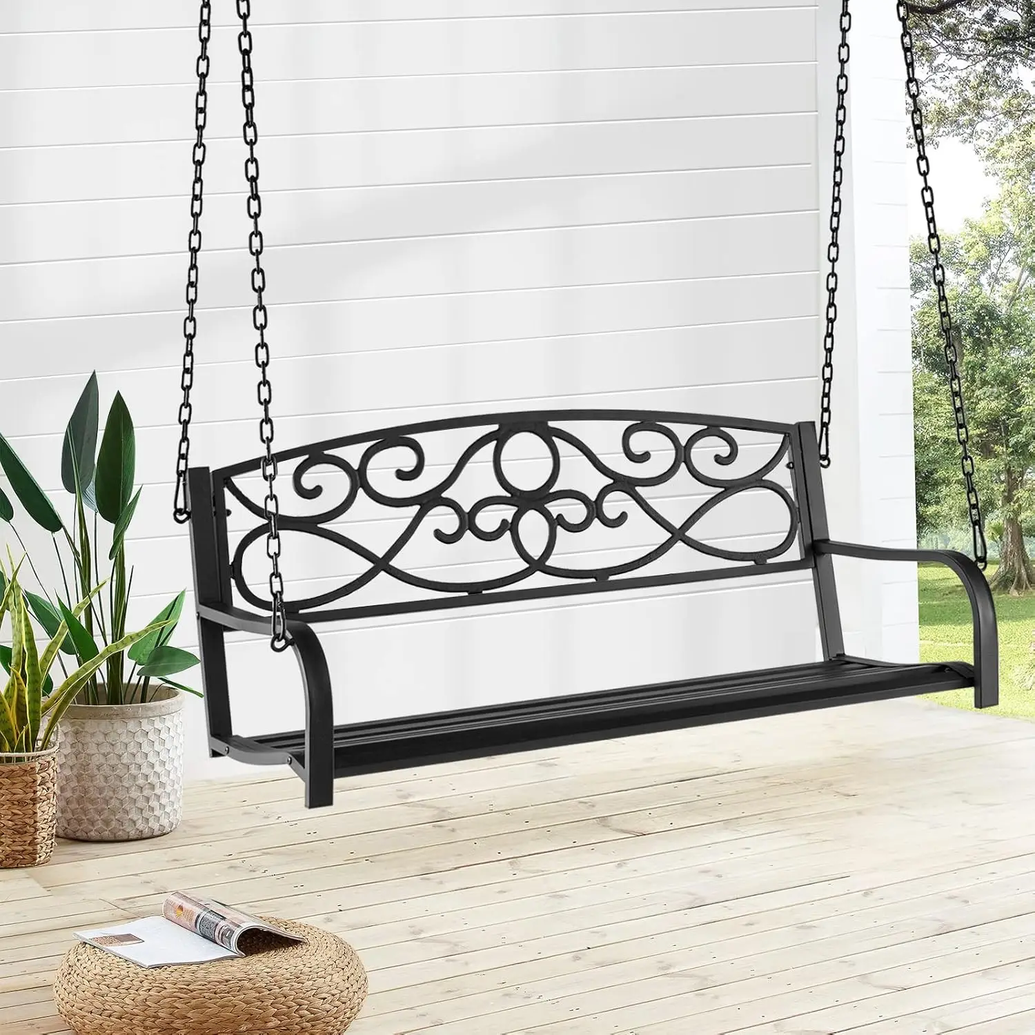 Giantex Metal Porch Swings 2 Person Outdoor Hanging Garden Bench With Sturdy Chains, Wide Seat & Curved Armrests, 485 Lbs