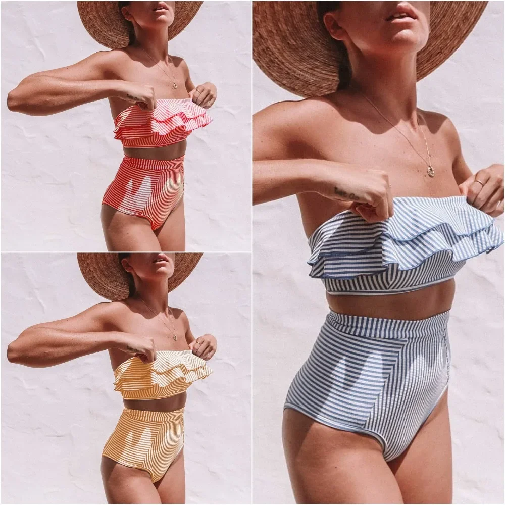 Cikini-Women's Split Swimming Suit, Irregular Striped, Lotus Leaf Edge, High Waist Bikini, Swimming Suit