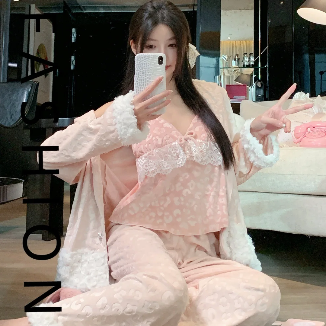 

[Флисовый принт острова с леопардовым принтом] Островные флисовые пижамы женские холодные леопардовые теплые подтяжки комплект домашней одежды осенний