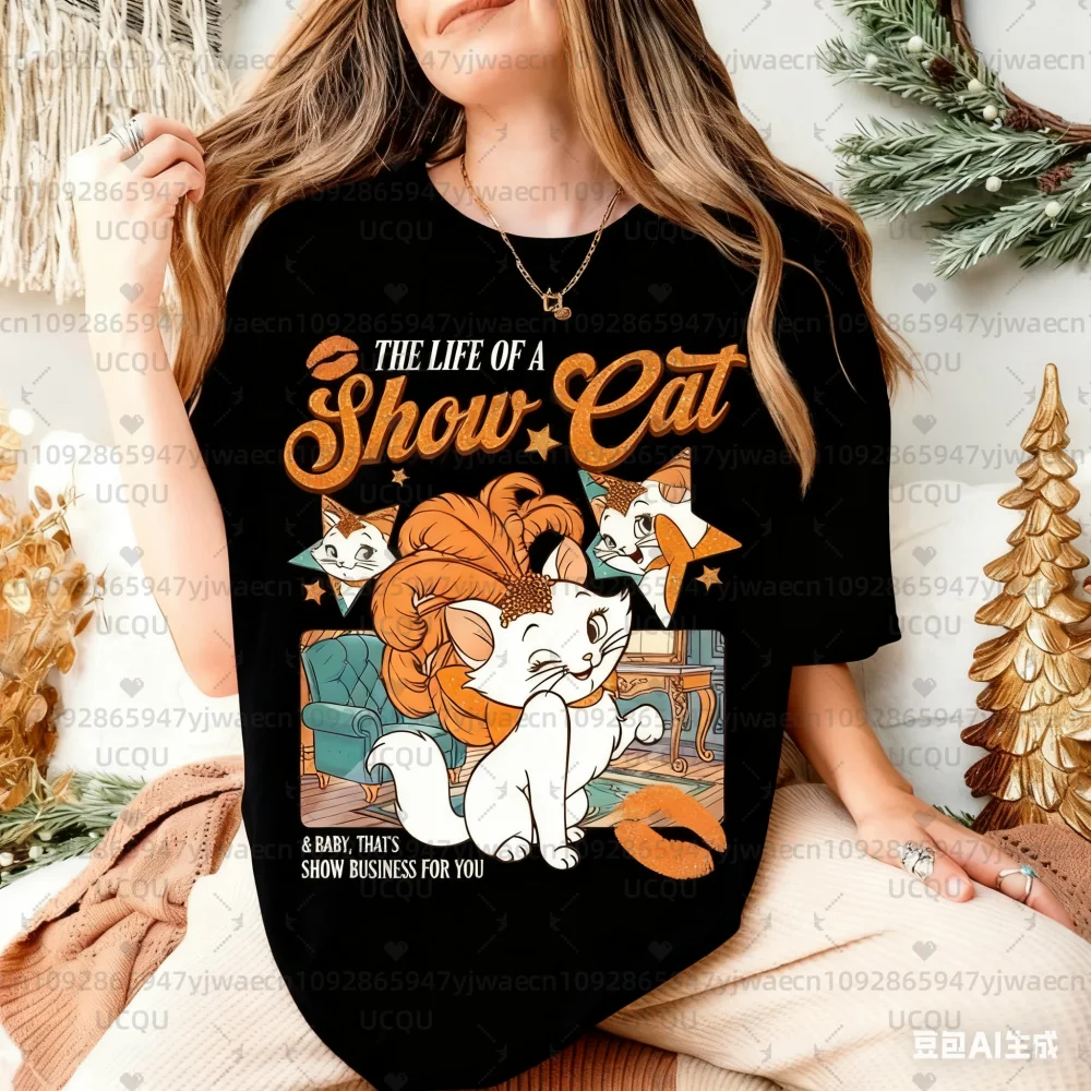 حياة ShowCat ماري القط تي شيرت الأرستقراطيين ماري فتاة رحلة القط عاشق هدية المرأة الرجال القطن Showgirl تي شيرت