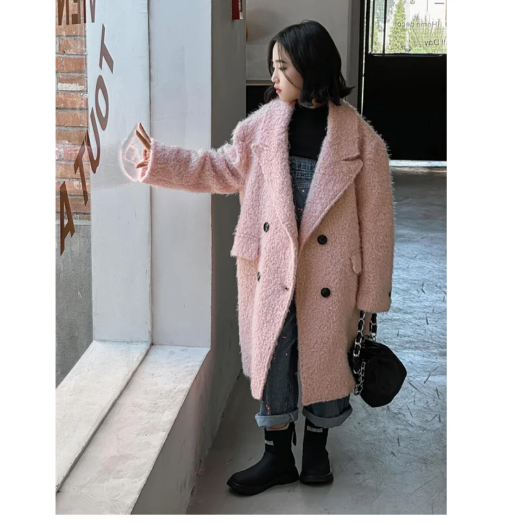 Children's Double-sided Wool Coat Rice Pink Autumn and Winter Outdoor Warm Coat Girls College Wind Long High-end Children's Wear