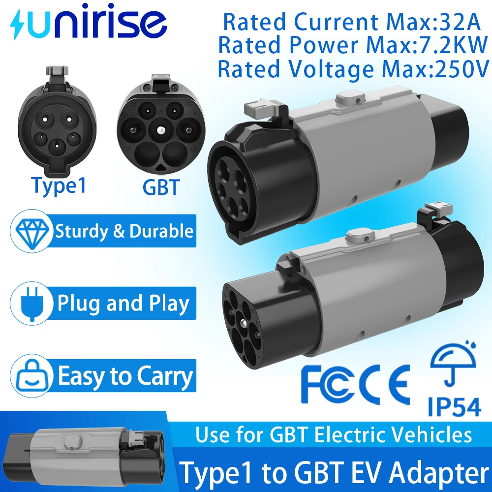 

Unirise Type 1 to GBT EV Car Charger Adapter 32A 7.2kW SAE J1772 To GB/T Charging Converter for BYD Electric Vehicles Connector