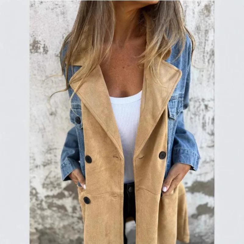 

2025 Autumn and Winter New Fashion Suit Collar Denim Splicing Medium and Long Coat Women
