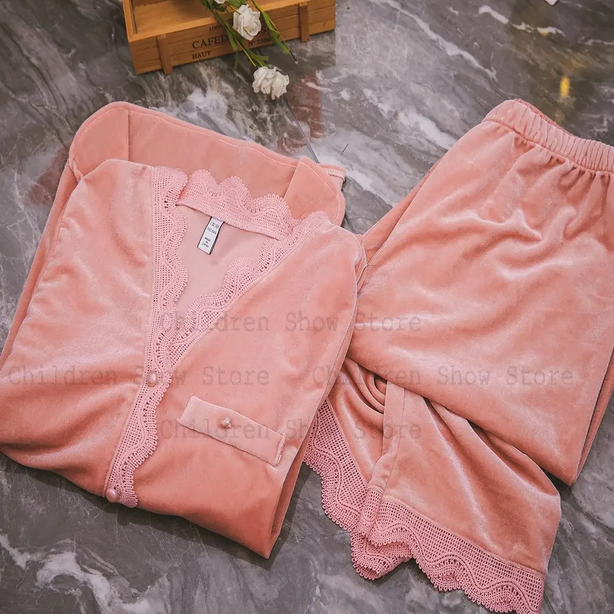 Velour Nightwear Women Winter Warm Sleepwear Pink Lace Ttrim Home Clothes Soli Color Long Sleeve Top&pants Pyjamas Femme