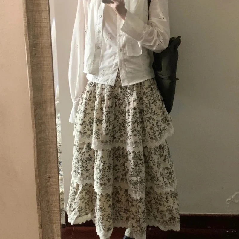 

French Retro Floral Spliced Lace Cake Skirt Women High Waist Tierred Ruffle A-line Long Skirts Sweet Print Beach Faldas