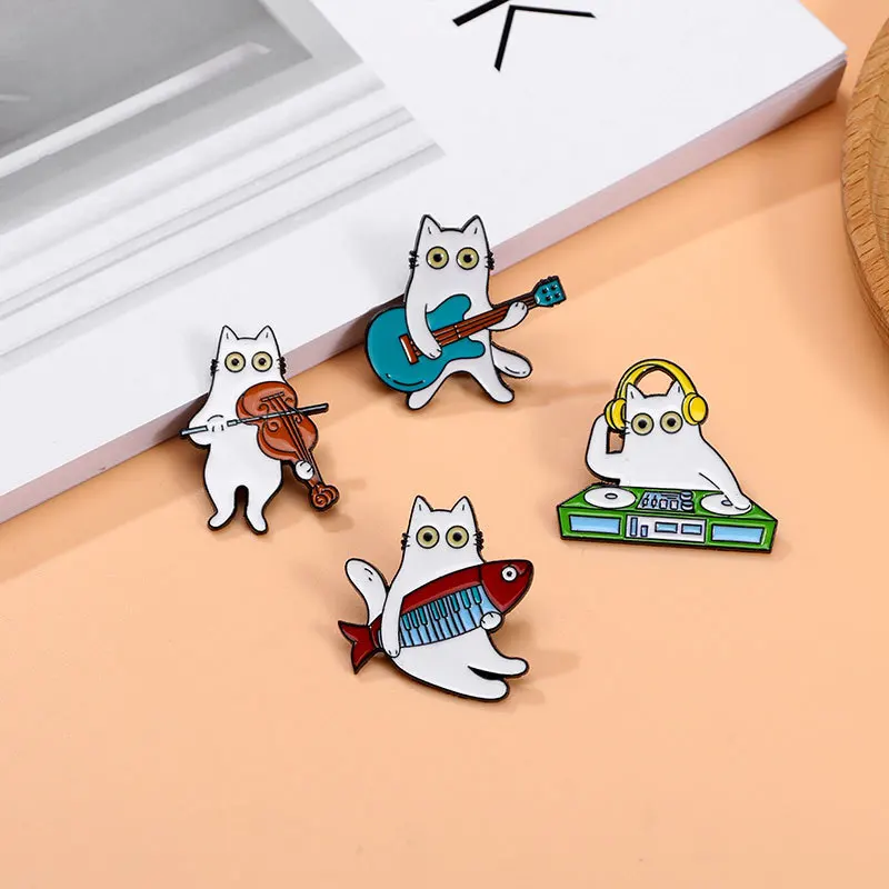 Cartoon Cat Brooch Symphony Orchestra Series Violin Piano Combination Metal Badge for Clothes Bags Decoration