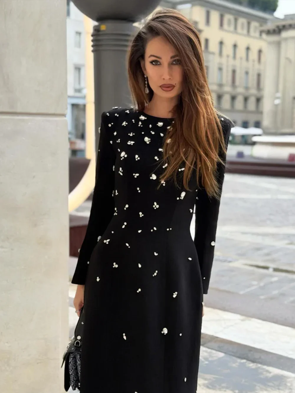 Modphy Heavy Industry Diamond Bead Slim Elegant Long Dress Women O-Neck Long Sleeve High Waist Temperament Dresses Female