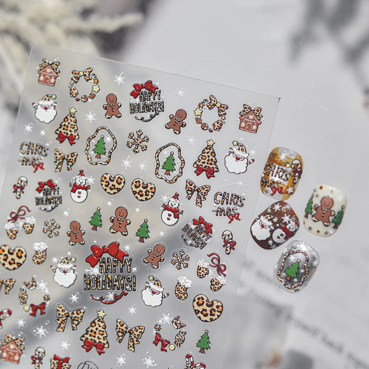 5D Retro Christmas Nail Decals Leopard Print Xmas Tree Bow Heart Gingerbread Man Santa Claus Snowman Wooden House Cane Candy