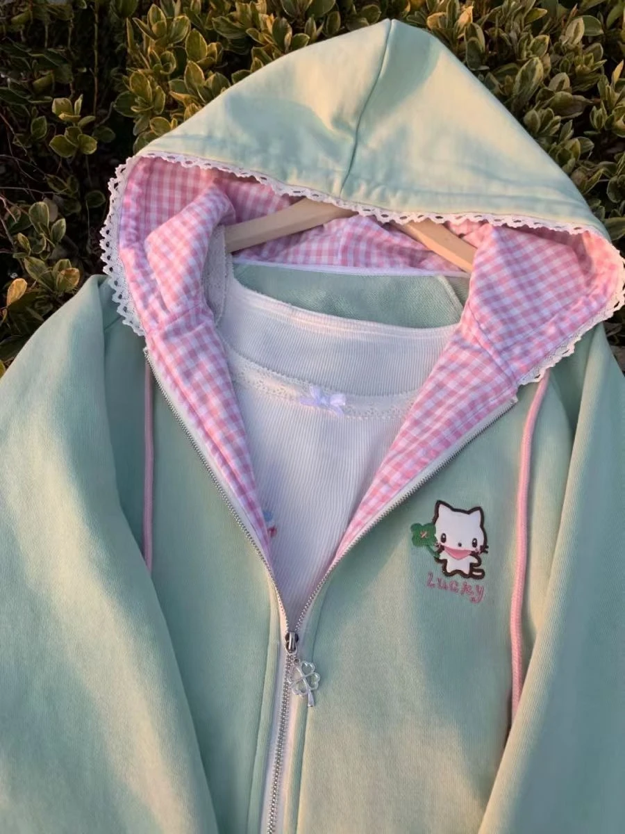 原宿風スイート長袖レースフード付きジャケット刺繍入りレディースカジュアルY2Kカワイイ漫画プリントジッパーコートアニメ2025秋