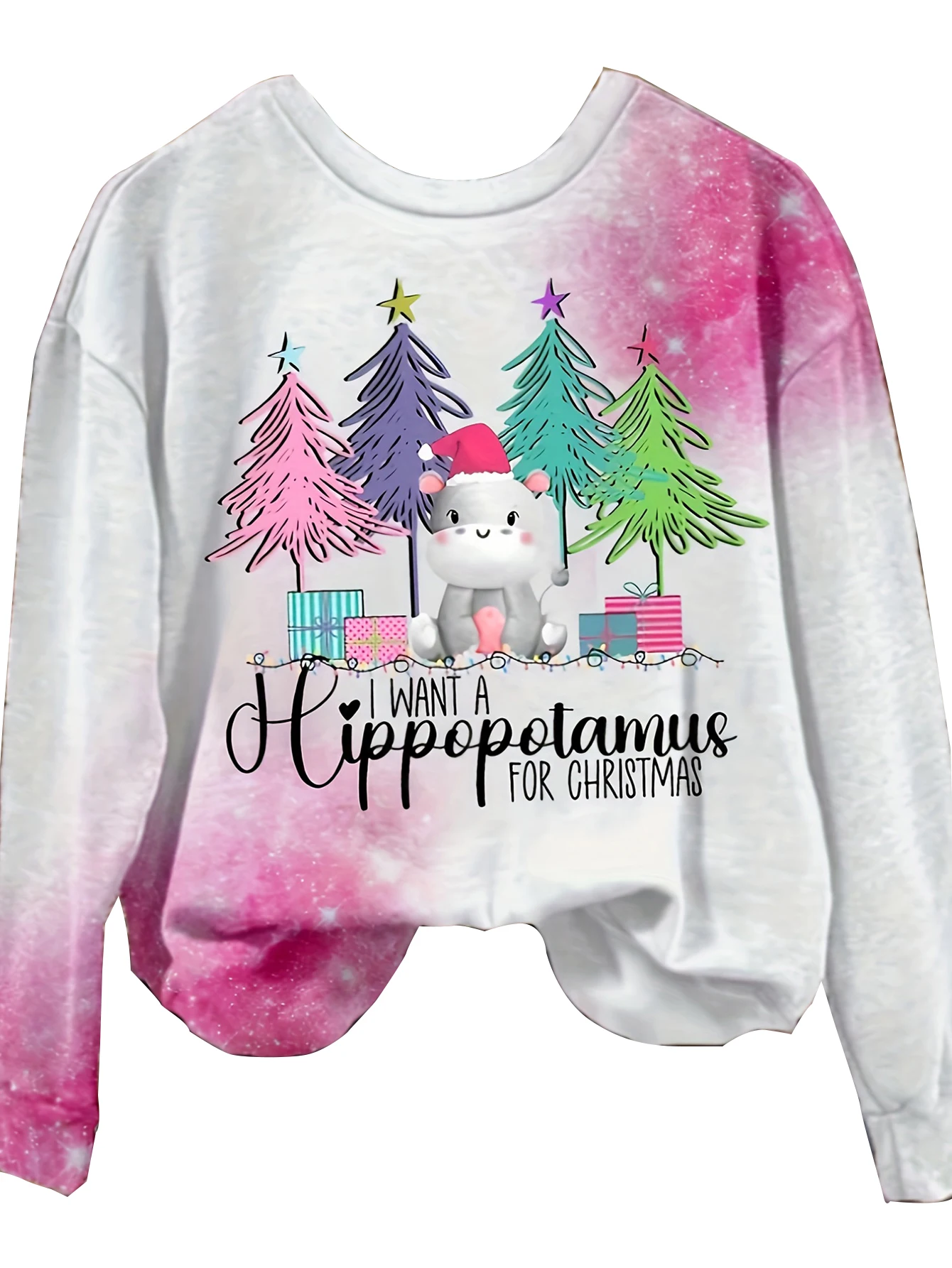 Aamikast Plus Size Women White Tie-Dye Christmas Tree Printed Pattern  Casual Round Neck Loose Sweatshirt Fall/Winter Tops