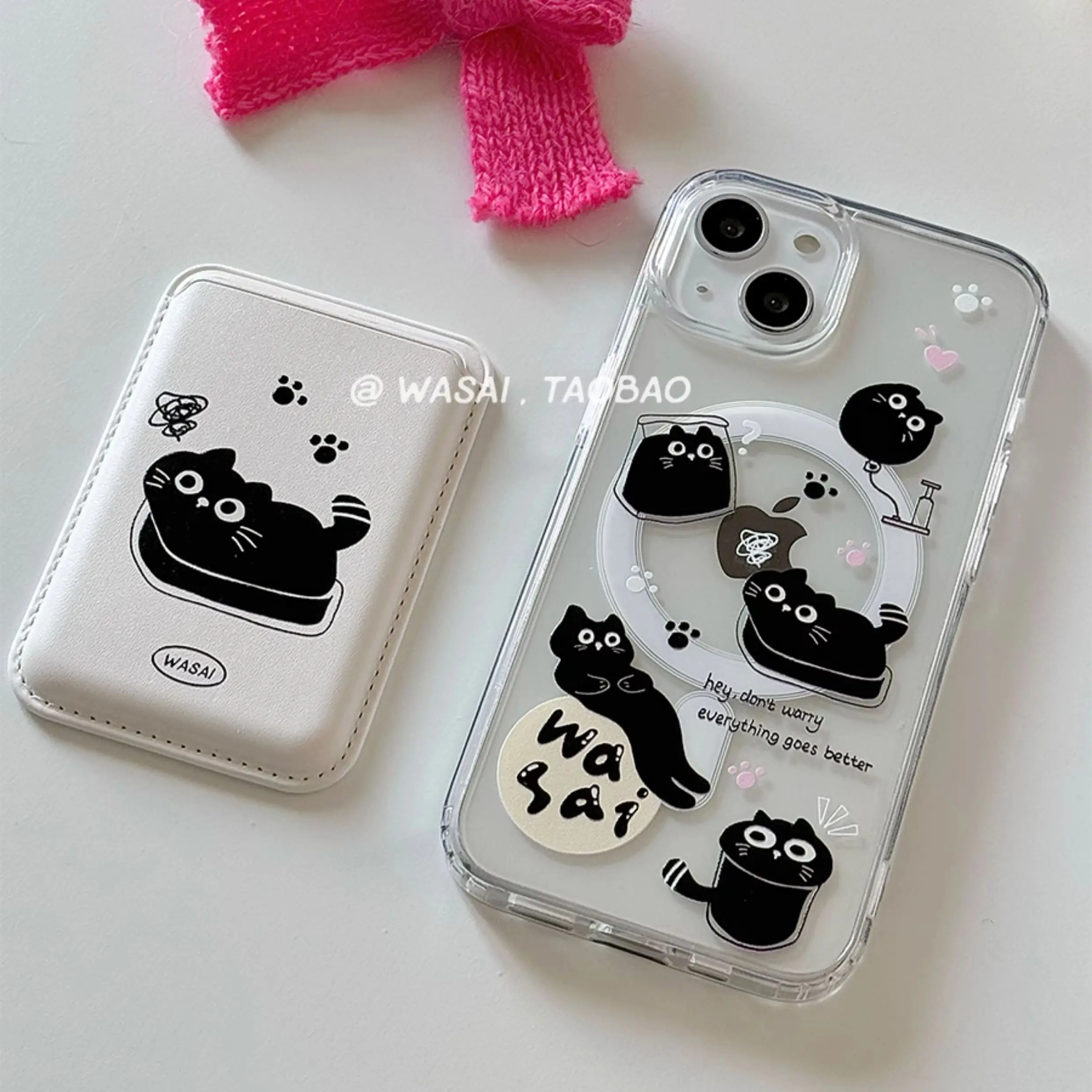 Korean Cute Troubled Little Black Cat MagSafe Phone Case For iPhone 16 15 14 13 12 11 Pro Max Plus MINI Y2K Cartoon Lucky Cover