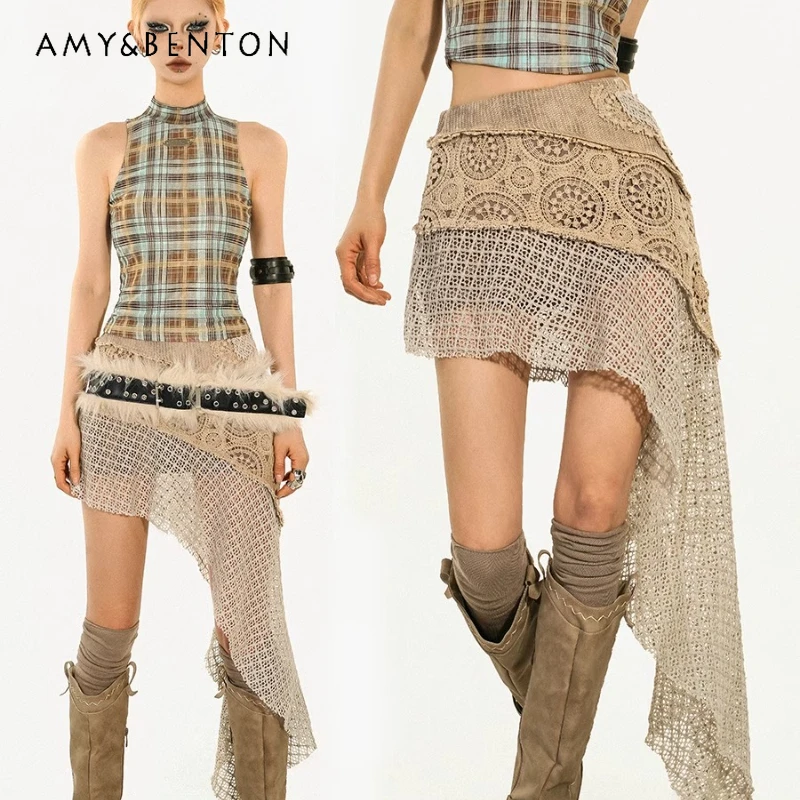 

Американский ретро-дизайн, кружевная ажурная женская юбка, осенняя новая милая крутая горячая девушка, сексуальные нерегулярные короткие юбки, женские