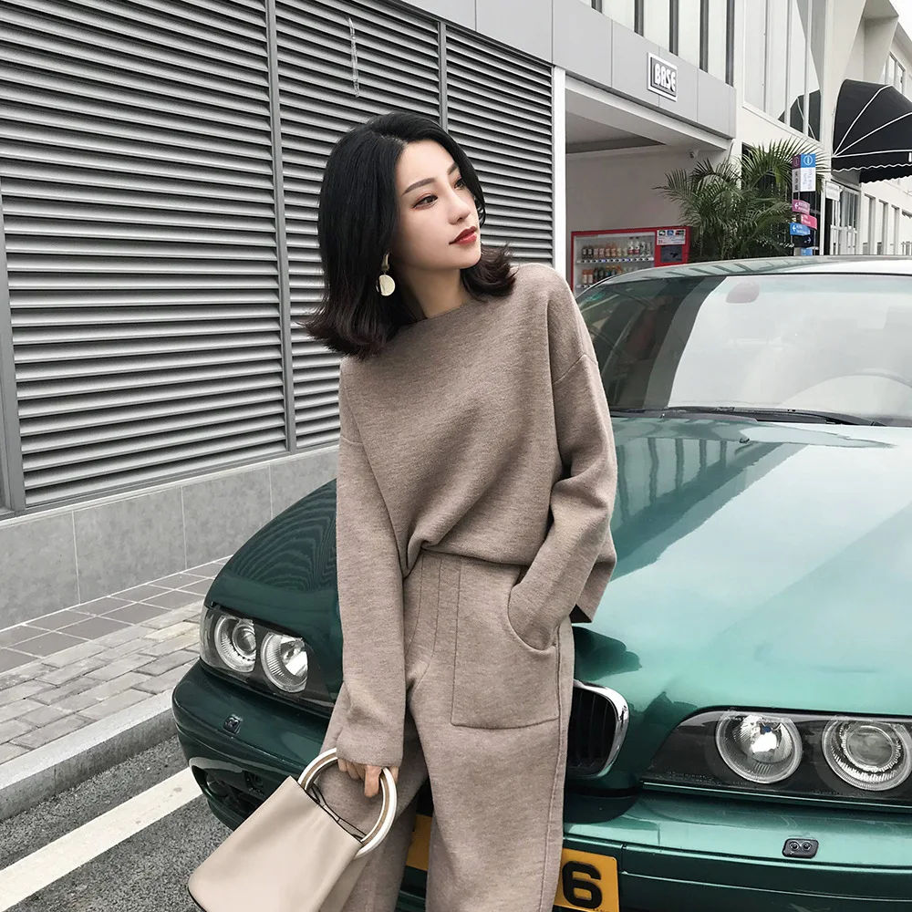 Women's Knitted 2 Pieces Home Suit Autumn Thick Warm O-neck Loose Sweater+Ankle-Length Pants Sleepwear Warm Cashmere Tracksuits