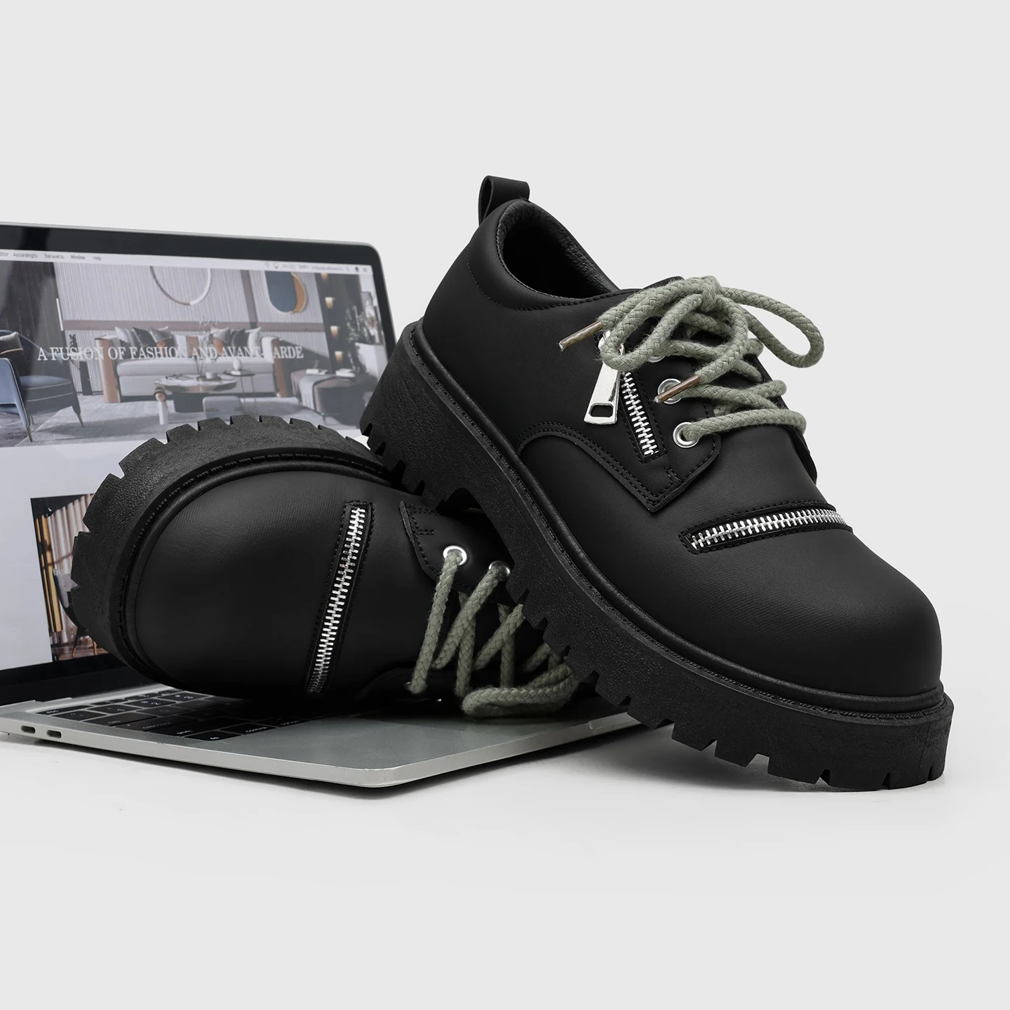 Men Derby Shoes British Style Chunky Thick Sole Height Increasing Lace Up Leather Shoes Male Streetwear Casual Footwear