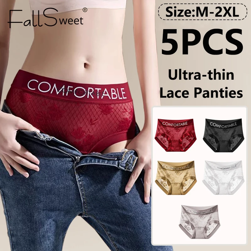 FallSweet 5 Stück ultradünne Spitzenhöschen für Damen, floral, mittelhoher Bund, transparente Slips, nahtlose Unterhosen, Dessous, Calzones Mujer