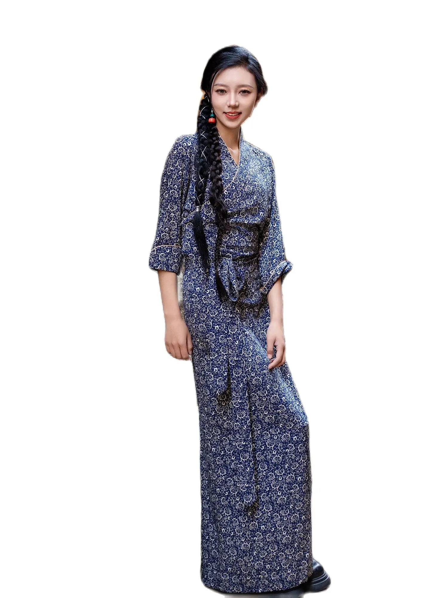 

Women Asian Gown Tibetan Costume Female National Silk Gown Summer Long Dress Cheongsam Style Oriental Elegant Robe