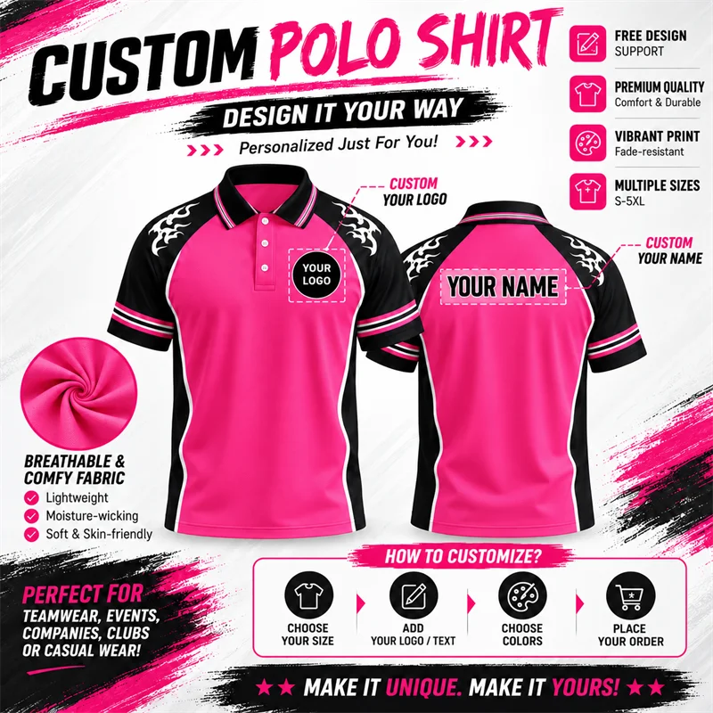 Racing Crew Polo Jersey Add Team Name Chest Logo Quick Dry Short Sleeve Top for Auto Meets Track Events Motorsport Apparel Gear