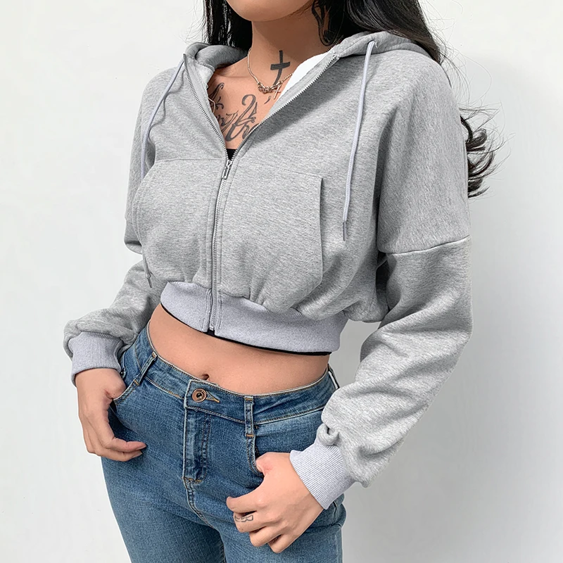 Korean Women Zipper Basic Short Jackets Grey 2022 Autumn Winter Long Sleeve Hoody Sweatshirts Casual Hooded Streetwear Y2k Coats