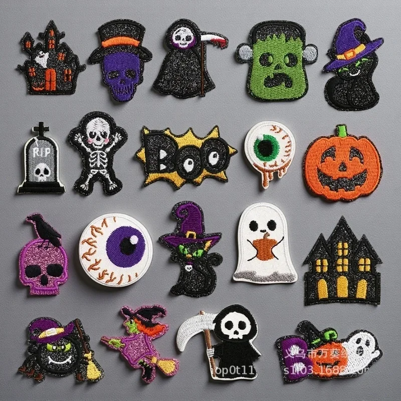 Horror Embroidery Cloth Sticker Glitter Powder Ghost Patch Sticker Cartoon Skull